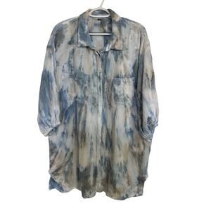 YFB Blue Tie Dye Tunic Button Front Mini Shirt Dress Gauzy Cotton Large Boho